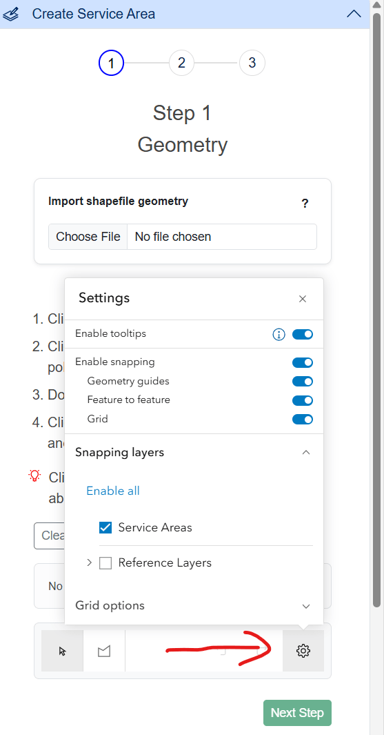 Service Areas toolbar settings